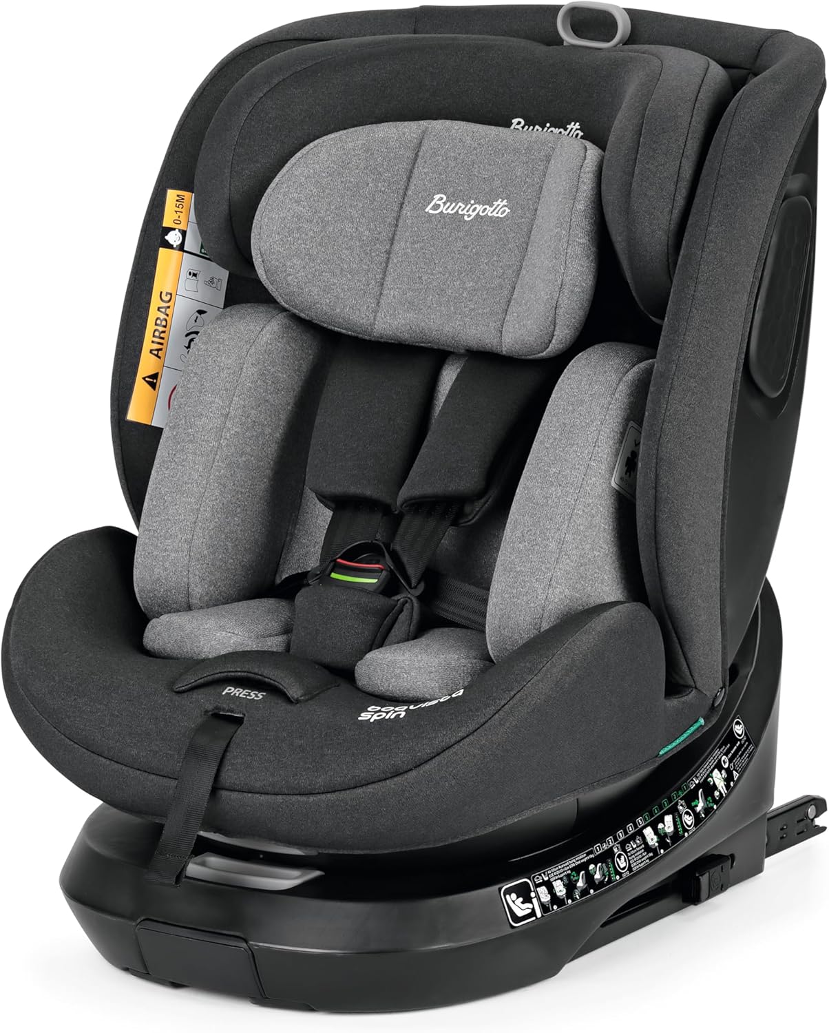BURIGOTTO BOAVISTA SPIN BLACK  GREY è il seggiolino auto girevole All-In-One omologato i-Size ECE R129/03 per bambini dalla nascita fino 150 cm di altezza (0-12 anni).