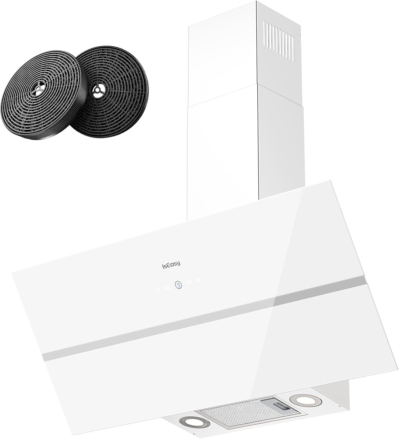 Cappa Aspirante 90 cm, IsEasy Cappa Cucina 90 cm, 571 m³/h Aspirazione, 4 Livelli di Regolazione, Staffa Inclinazione 45°, 1-9 Min Spegnimento Ritardato, 61dB, Bianco, Efficienza A++