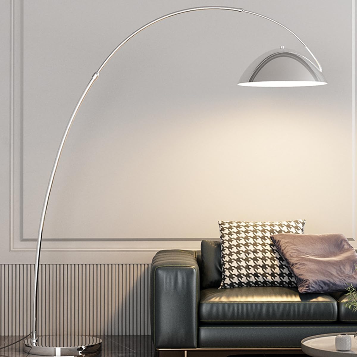Arched Floor Lamp for Living Room, Height Adjustable Floor Lamp, Polished Black Metal Floor Lamp, High Modern Reading Lamp with Marble Base