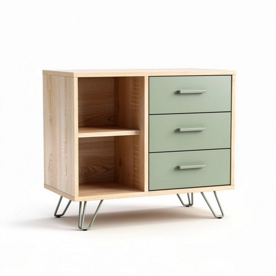 Mobiletto in legno di pino con maniglie verdi e tre cassetti 60 x 40 x 45cm