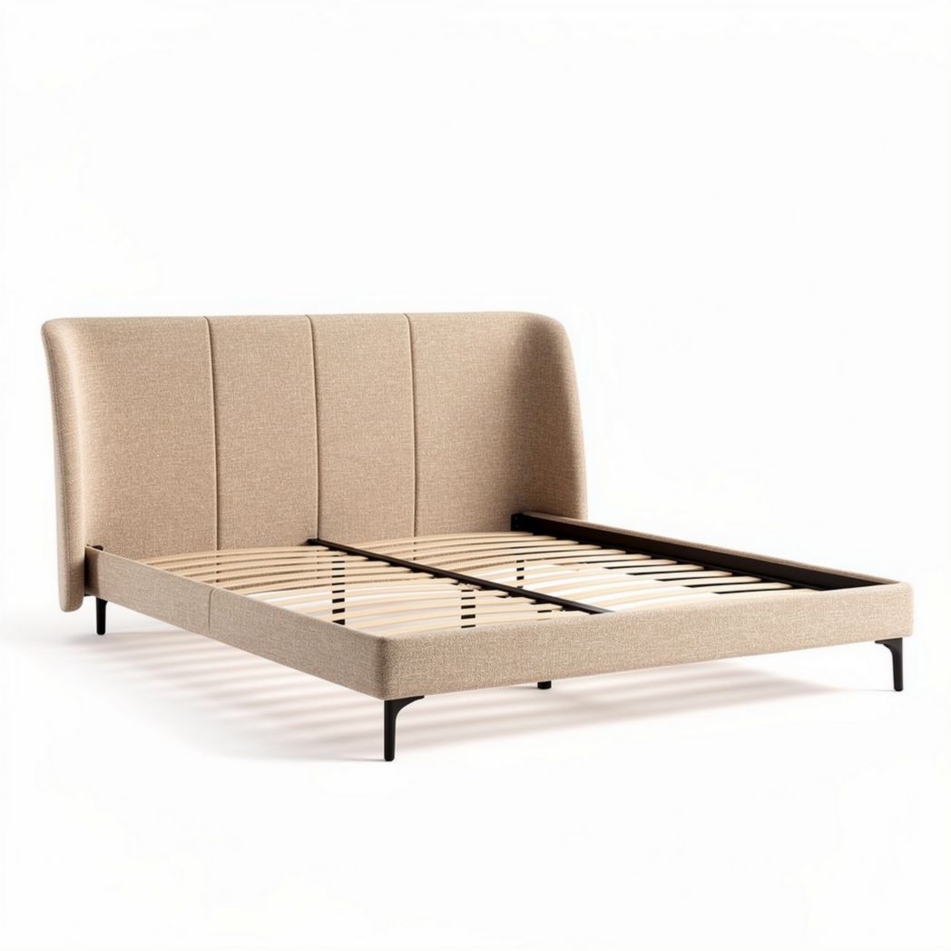 Letto matrimoniale in tessuto grigio con rete a doghe 200 x 160 x 30cm