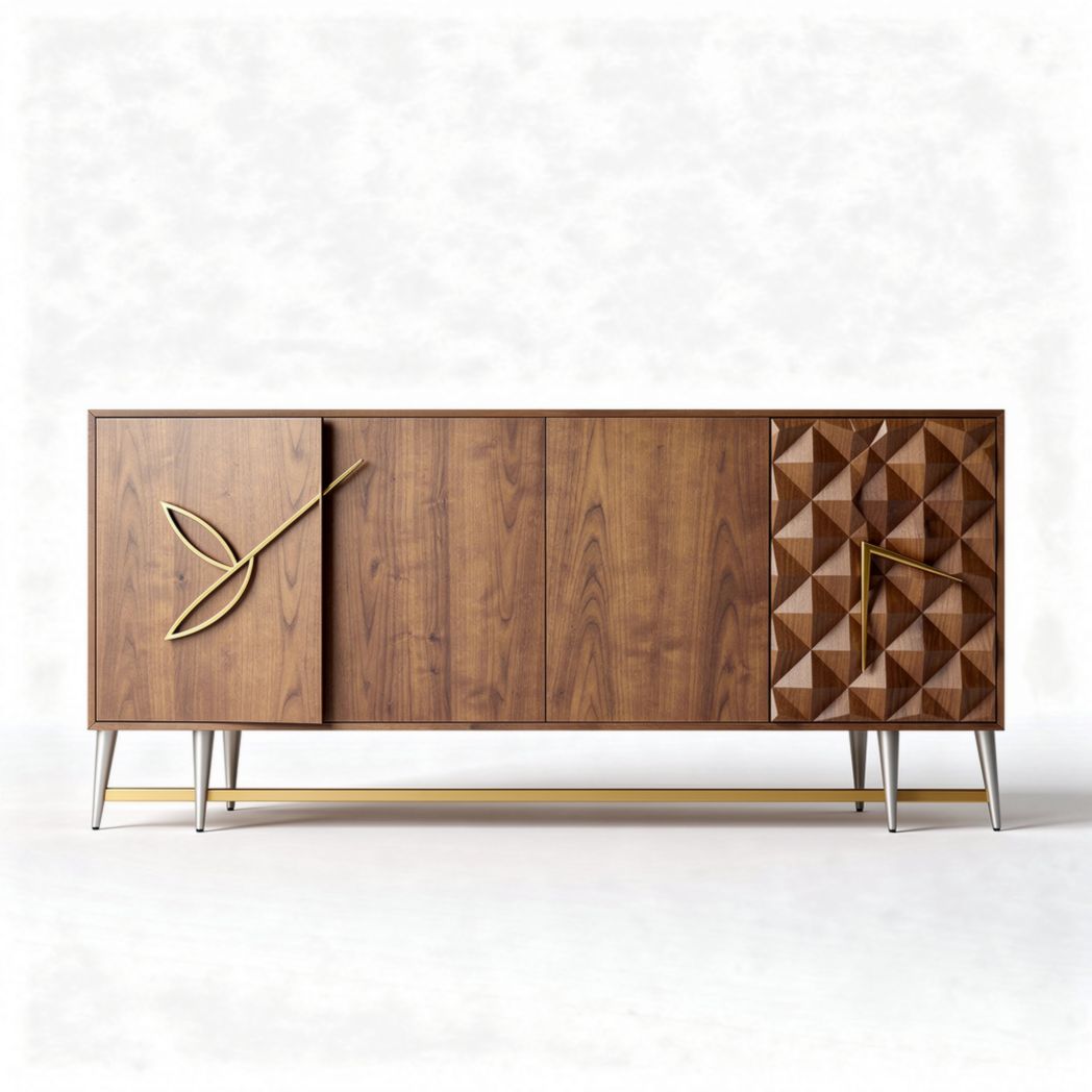 mobile credenza in legno scuro con decorazione geometrica e orologio 150 x 45 x 75cm