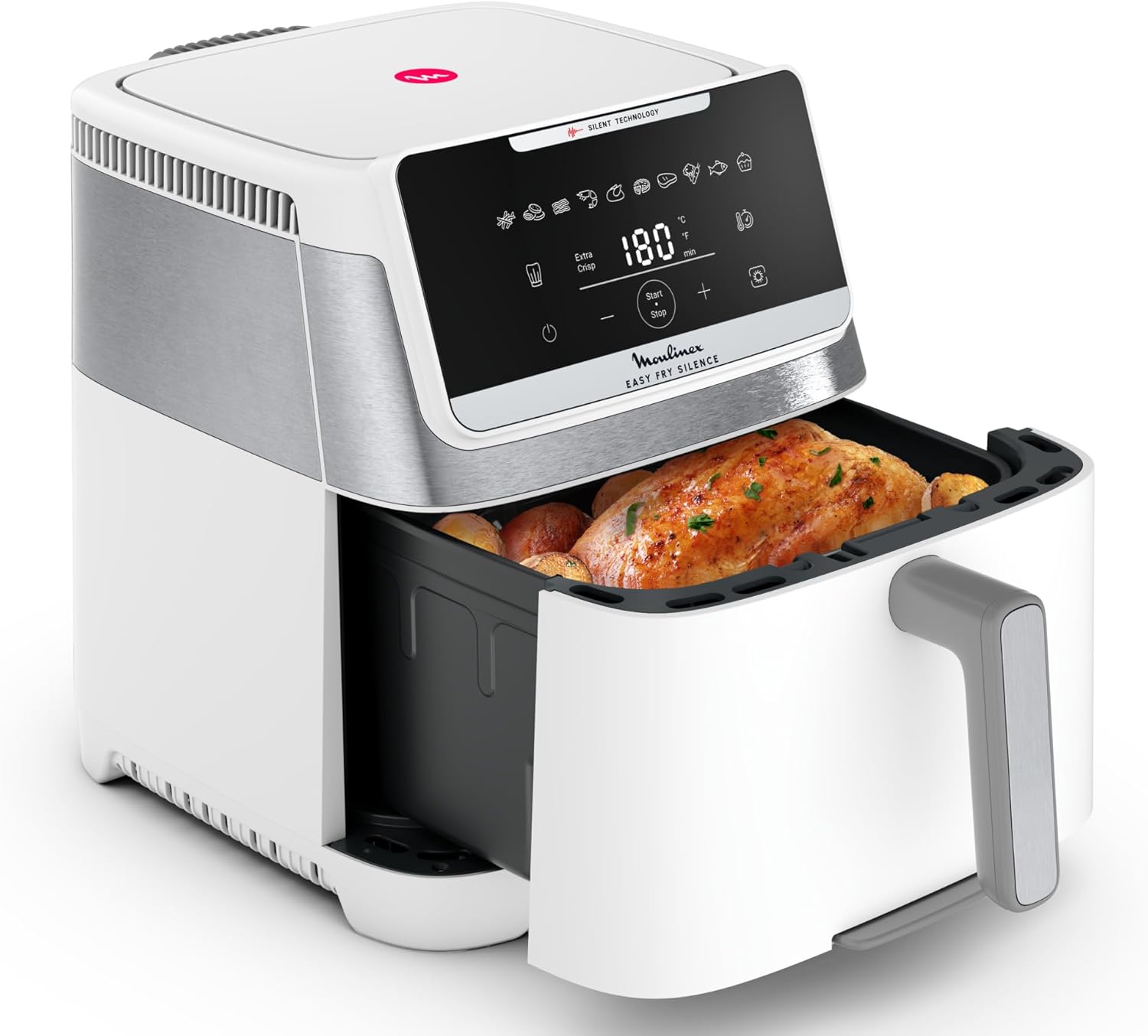 Moulinex Easy Fry Silence 7L, Friggitrice ad Aria Silenziosa XXL, Fino a 8 Persone, 10 Modalità, con Sistema Genius e Griglia di Cottura Regolabile, Colore Bianco, EZ8421(Bianco)