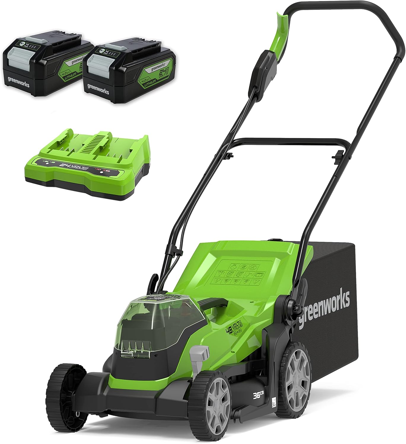 Greenworks G24X2LM36K4X Tagliaerba a Batteria per Prati Fino a 840m², Ampiezza di Taglio 36cm, Sacca da 40L CON Due Batterie 2 x 24V (Pari a 48V) 4Ah e Caricabatterie Doppio, Garanzia 3 Anni