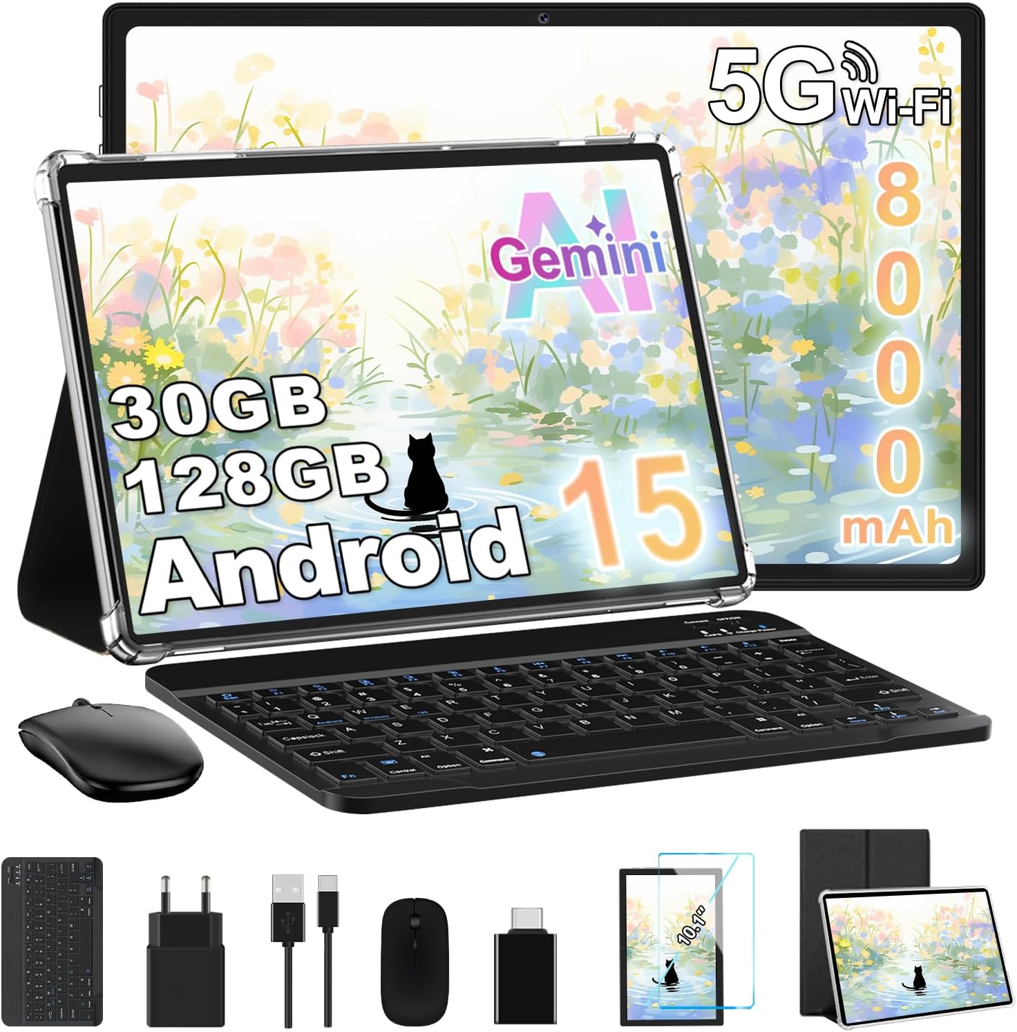 10 Pollici Tablet [30GB+128GB, 8000mAh] Android 15, Schermo IPS, Octa-Core, Widevine L1/ Certificazione GMS/Controllo Parentale, Tablets Corpo in Metallo con Mouse, Tastiera- Classico Nero(Black)