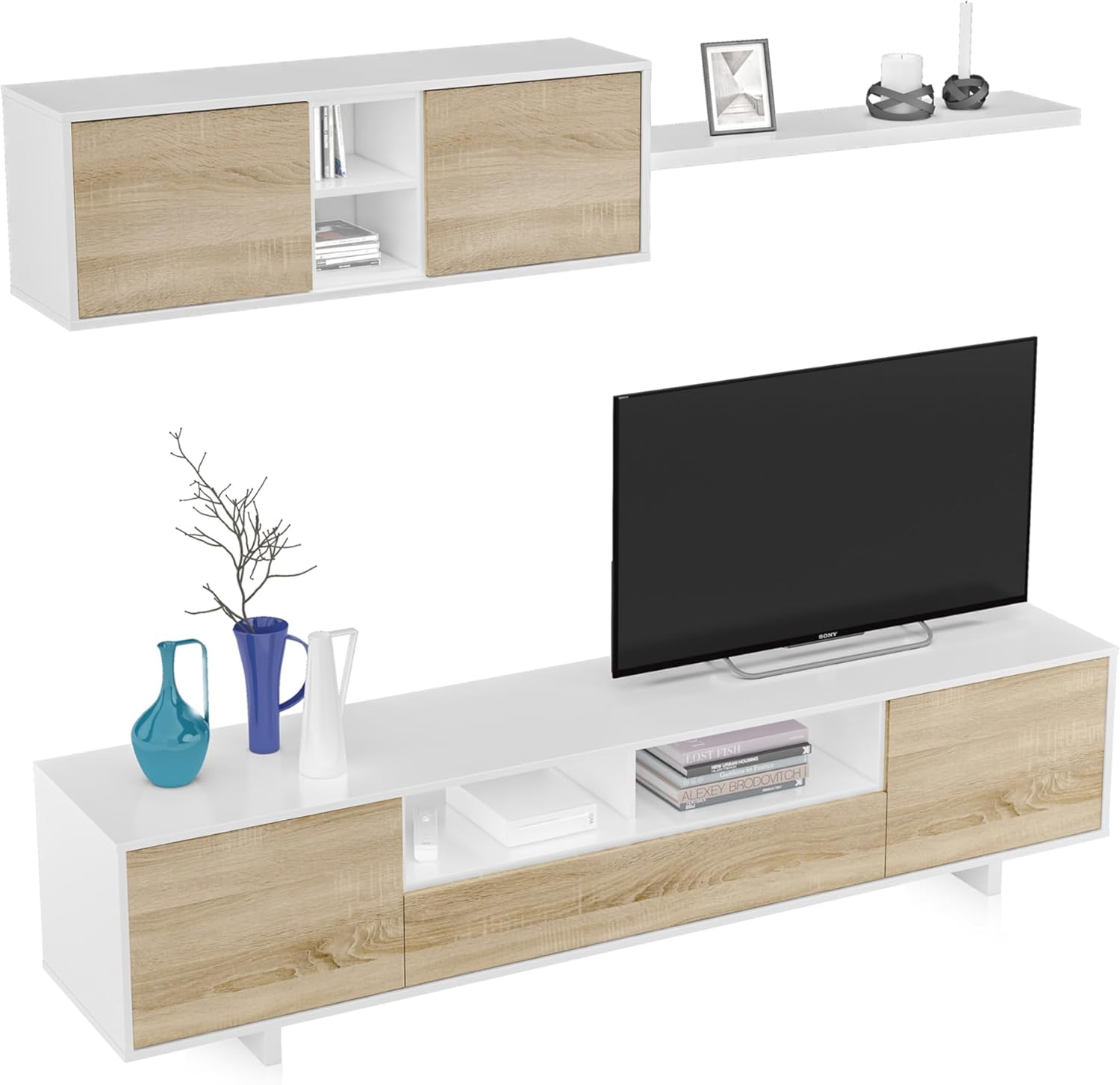Habitdesign Mobile Soggiorno Moderno, Moduli Sala da Pranzo, Modello Belus, Finitura in Bianco Lucido e Rovere Canadese, Dimensioni: 200 cm (profondità) x 41 cm (Altezza) x 46 cm