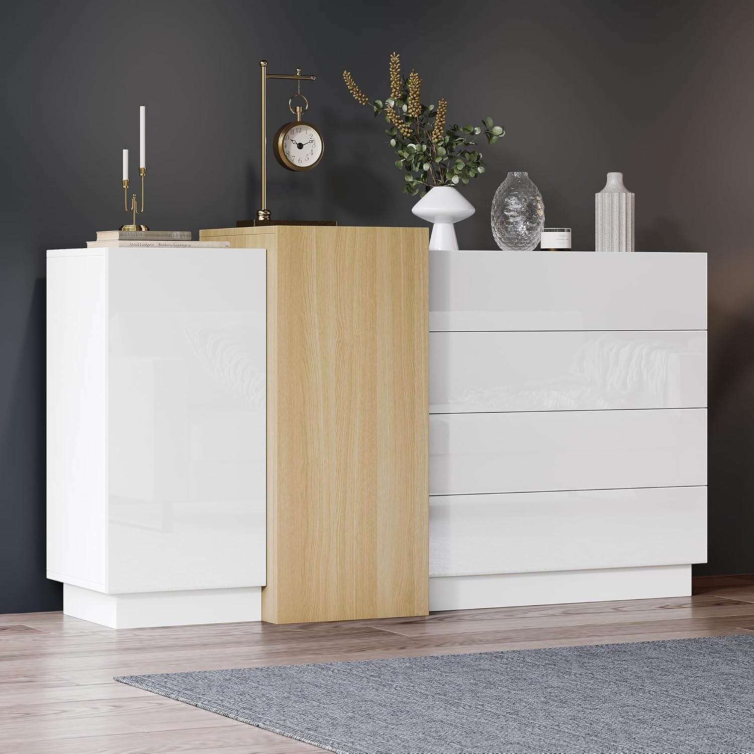 Credenza bianca lucida, moderna credenza per sala da pranzo con vano portaoggetti, stile minimalista moderno color legno