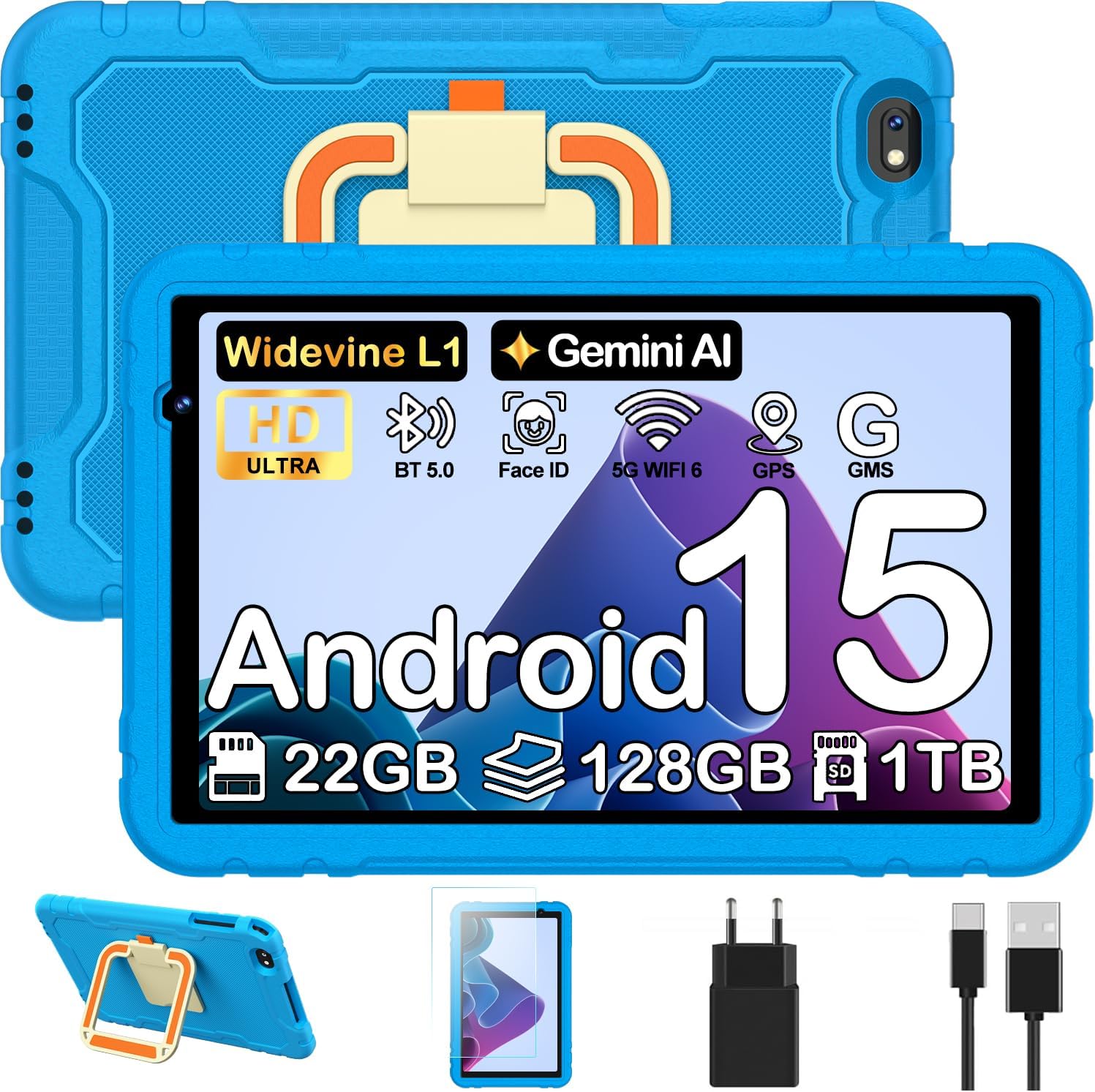Android 15 10 pollici Tablet bambini con Gemini AI, 22GB RAM+128GB ROM, Controllo Parentale, 8000 mAh, Octa-Core, 5MP+8MP con 5G Wifi6, Custodia protettiva EVA antiurto + Staffa girevole a 360°(Blu)(blue)
