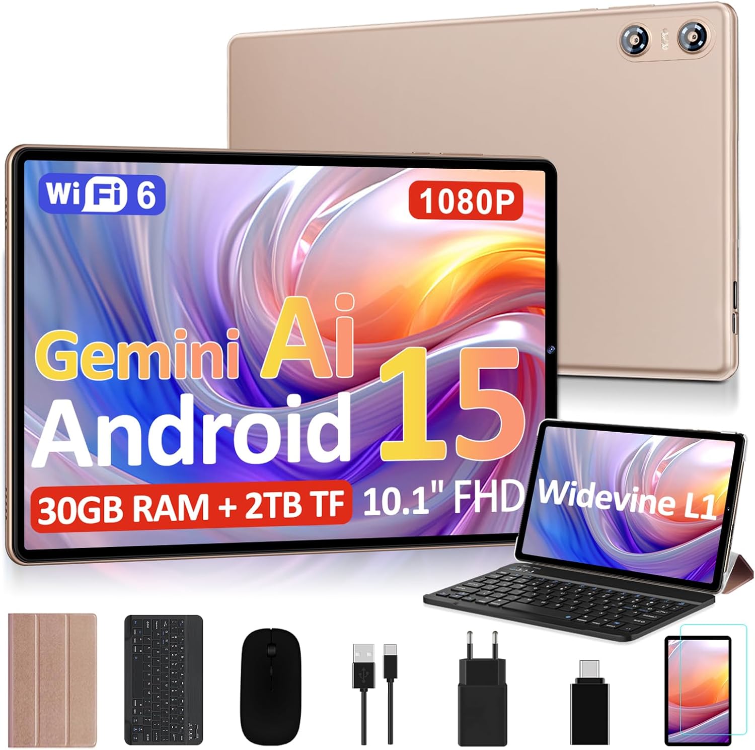 2026 Tablet 10 Pollici Android 15, 30GB RAM + 2TB TF, Gemini AI, Octa-Core, 5G WiFi 6, Widevine L1, GMS, GPS, BT 5.0, 6000mAh, 5MP+8MP, Tablet in Offerta con Tastiera, Mouse - Oro