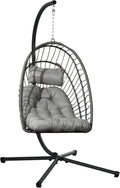 Outsunny Hanging Chair in PE Rattan with Padded Cushion, Hanging Rocking Chair with Folding Seat and Steel Frame, Grey