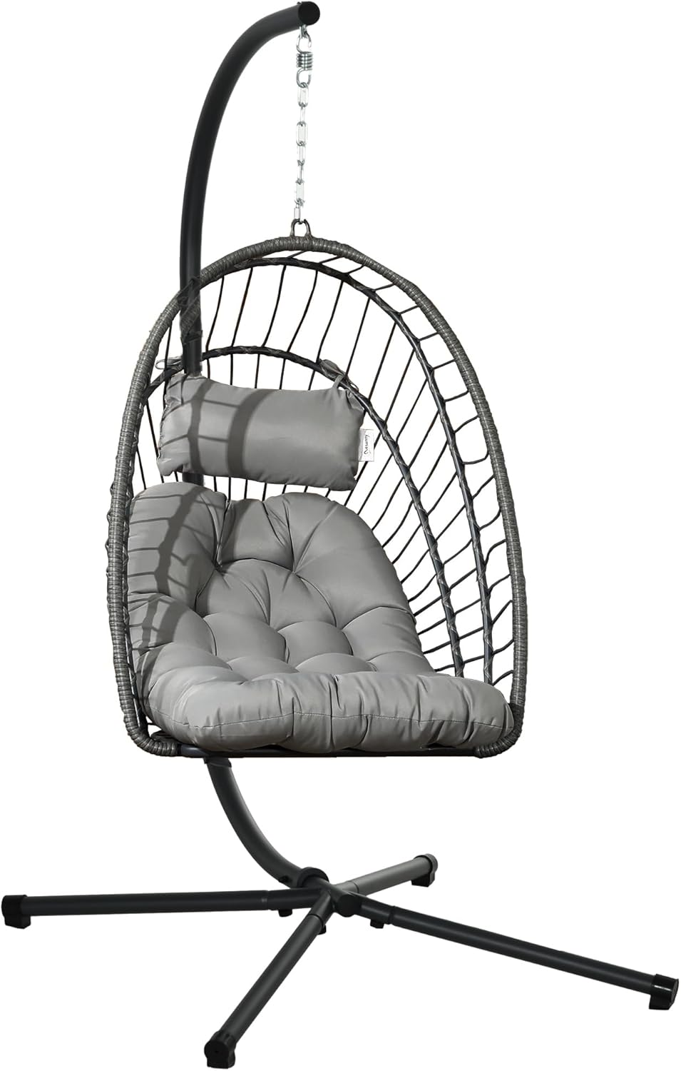 Outsunny Hanging Chair in PE Rattan with Padded Cushion, Hanging Rocking Chair with Folding Seat and Steel Frame, Grey