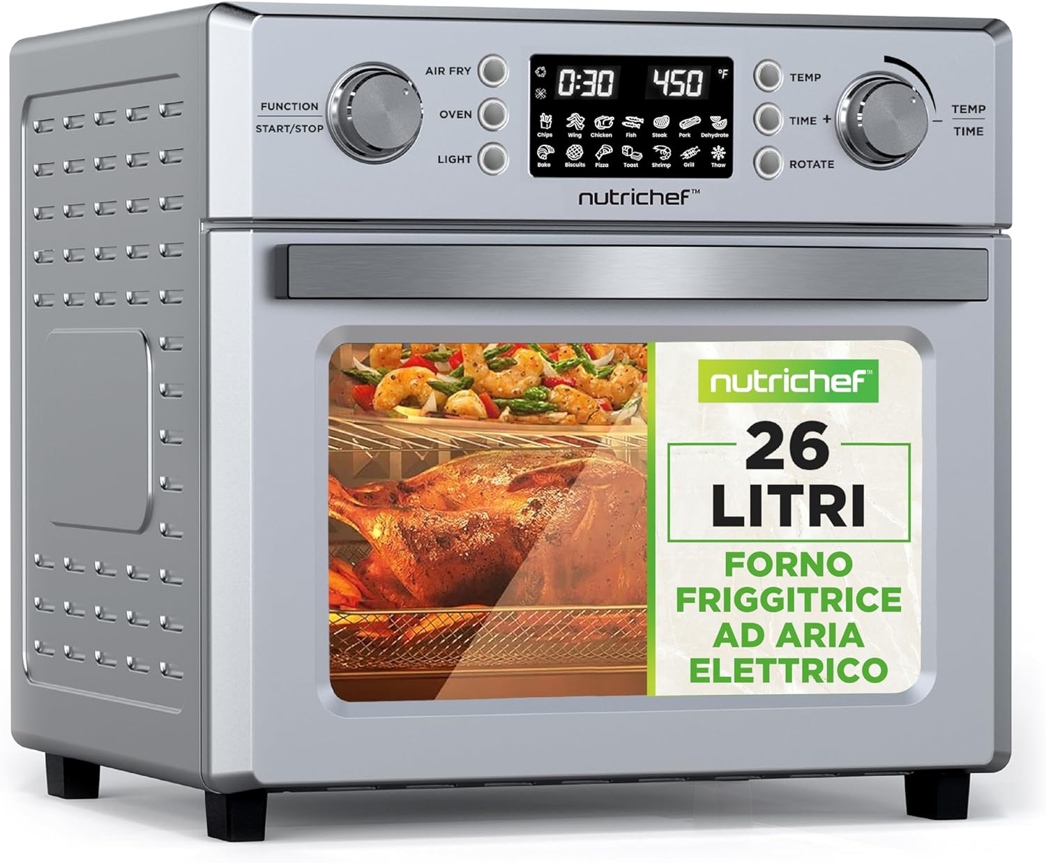 NutriChef Friggitrice ad Aria Forno 26 Litri 1700 Watt con Girarrosto 360°, 10 Programmi, Vassoio, Cestello e Griglia 38x41x36 cm, Argento