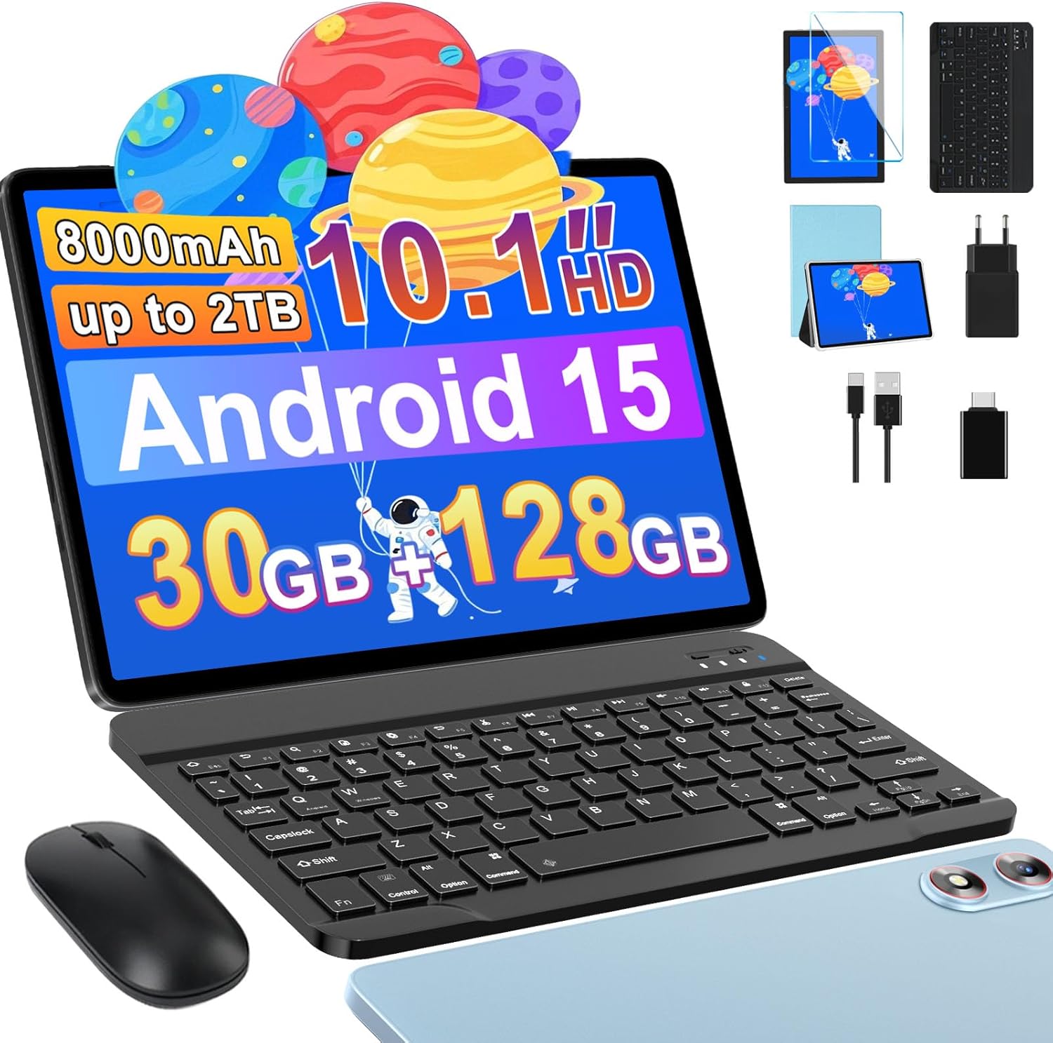Tablet 10 pollici Android 15,30GB RAM + 128 ROM (2TB TF) 5G WiFi, Gemini AI, Supporto Widevine L1, 8000mAh,5MP+8MP, GPS, Face ID, BT 5.0, Tablet con Tastiera+Mouse+Case, Blu(blue)
